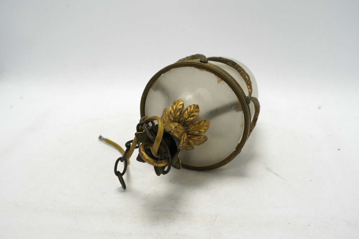 A late 19th/early 20th century ormolu mounts frosted glass hall lamp, 33cm. Condition - fair, not tested